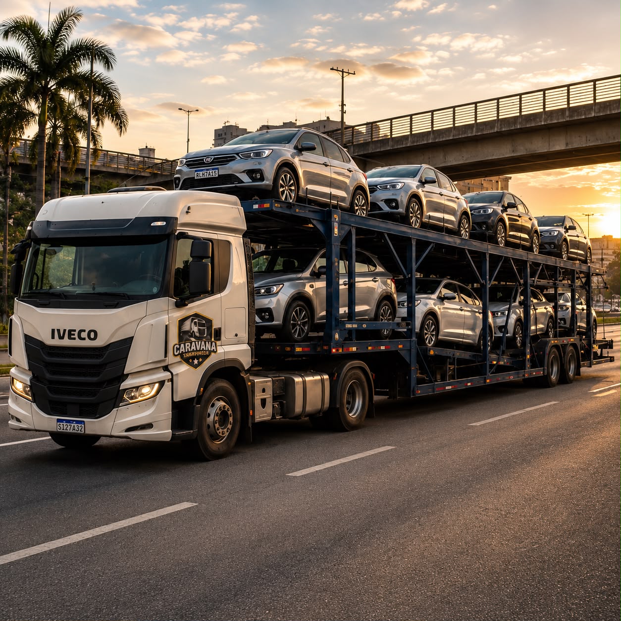 Caminhão cegonha Iveco da Caravana carregado de veículos ao entardecer